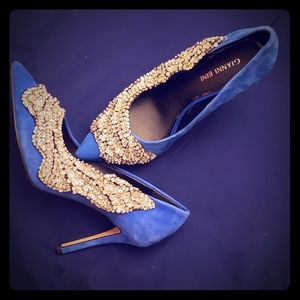 Women high heel blue suede sequined shoes